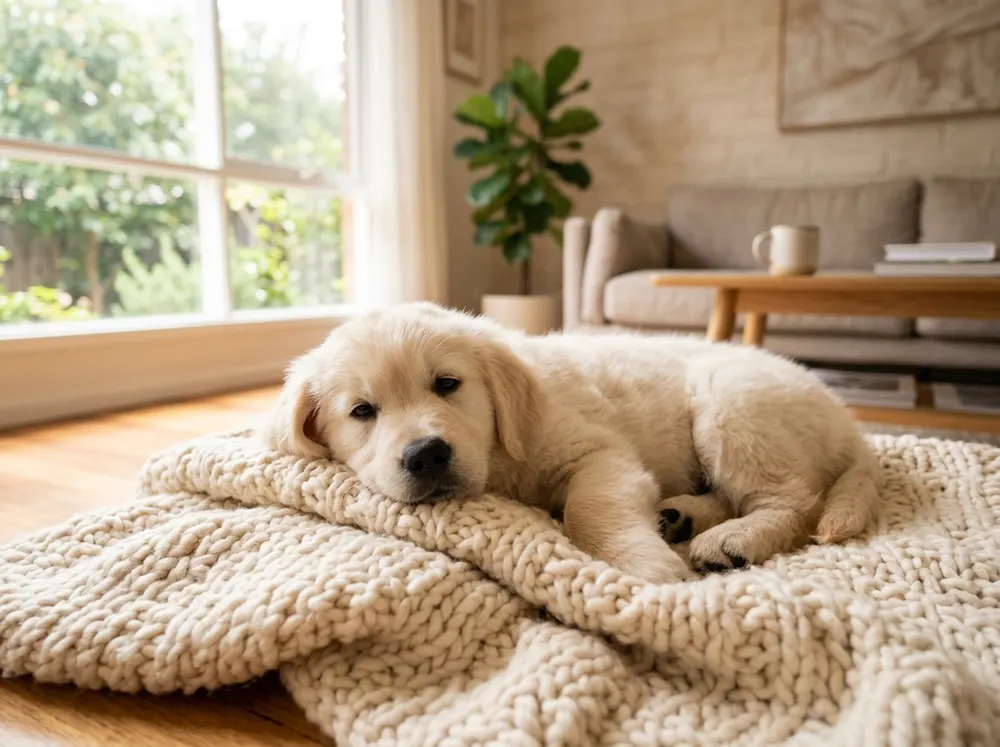 A fluffy puppy resting on a cozy blanket